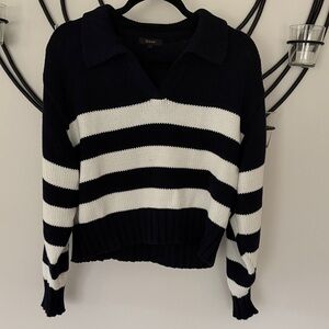 Quince Navy and White Striped V‑Neck Collared Sweater
